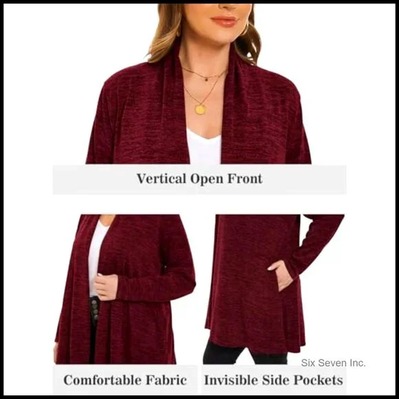 Open Front Cardigan Knit Sweater Oversized Loose Fit Long Sleeve with Pockets - Picture 4 of 7